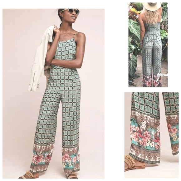 Anthropologie Farm Rio Honolulu Jumpsuit Floral Border Green Pink Red - Picture 1 of 3